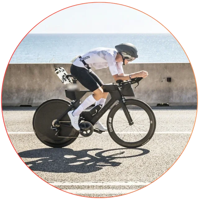 Pierre Lallinec on a time-trial bike during a triathlon